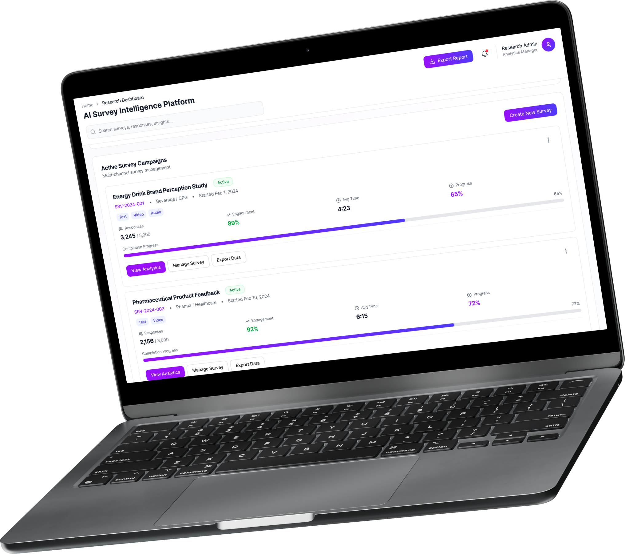 Advanced research analytics dashboard displaying survey distribution metrics, sentiment analysis, video insights, NLP-based tagging, demographic segmentation, and real-time reporting visualizations.
